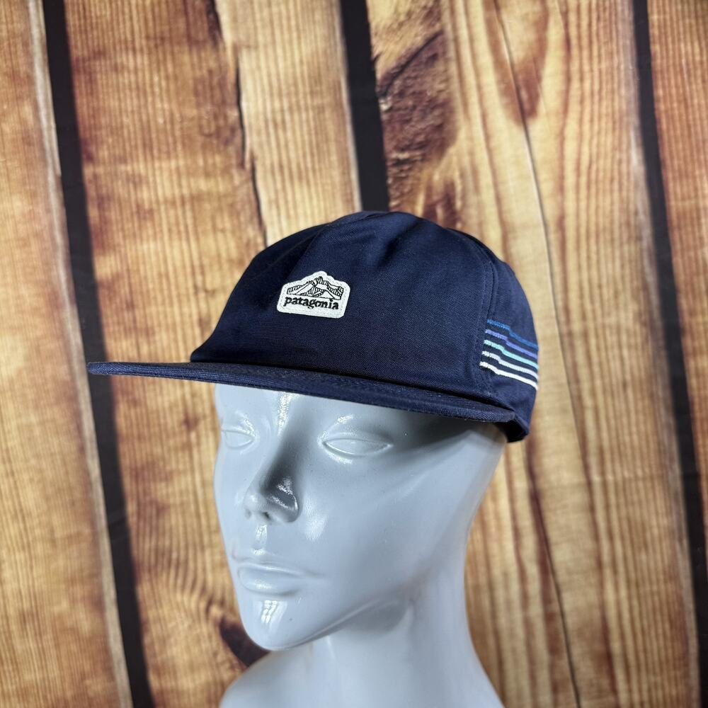 Patagonia Hat Cap Snap Back Navy Blue Stripe Patch Outdoors Mens Medium Logo